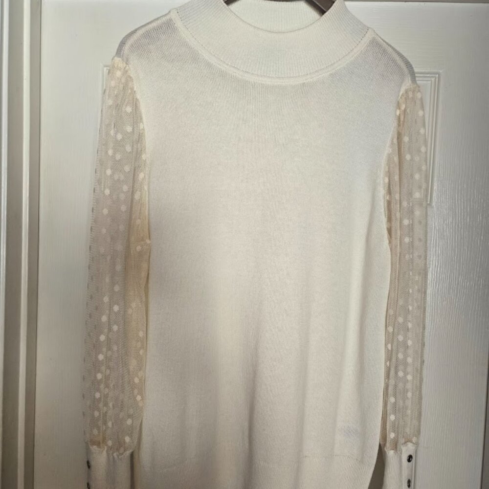 Talbots‎ Ivory Sweater with Sheer Dot Sleeves, Size Large - Picture 3 of 7